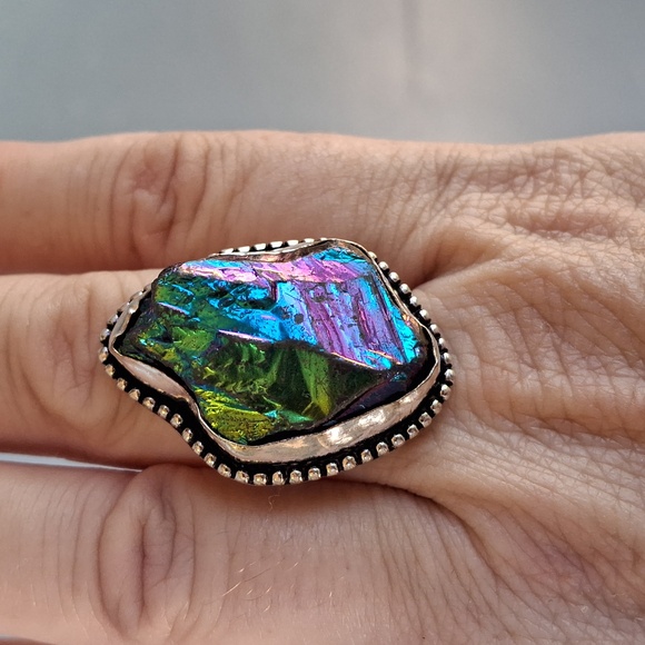 New Rainbow Titanium Crystal Quartz 925 Silver Statement Ring. - Picture 6 of 13